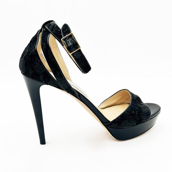 Jimmy Choo London Black Kayden Ankle Strap Sandal 40.5 Leather Suede Glitter - Picture 2 of 14